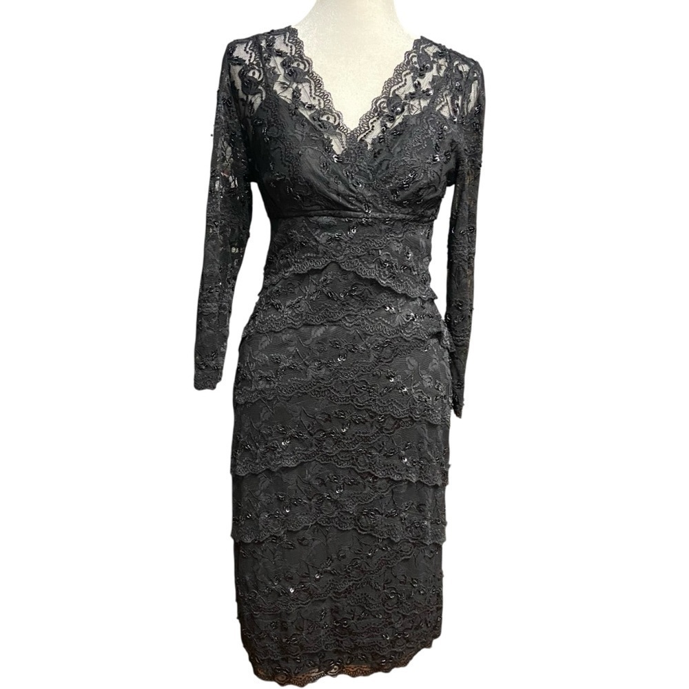 MARINA Three Quarter Sleeve Tiered Lace Cocktail Dress Size 4 Black Bodycon